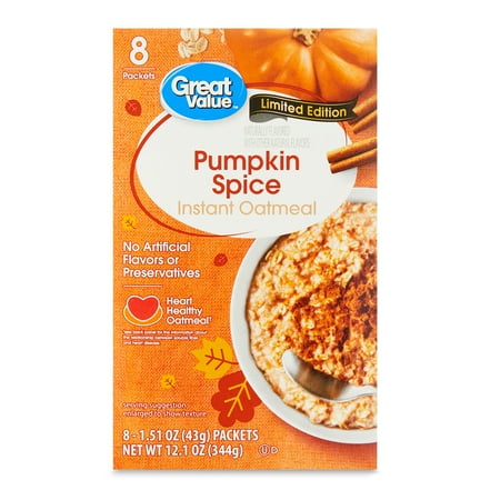Great Value Instant Oatmeal, Pumpkin Spice, 1.51 oz, 8 Count