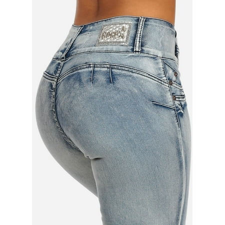 Womens Juniors Women's Junior Ladies Sexy Acid Wash Blue Butt Lifting Push Up Bermuda Shorts 10883W
