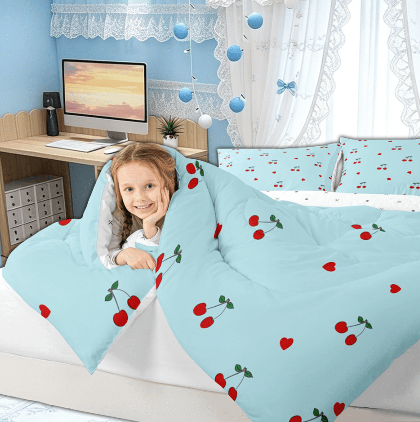Manfei Kawaii Cute Cherry Full Size Comforter Sets for Kids Girls, Romantic Cartoon Love Heart Bedding Comforter Set, Reversibles, 3 Pieces