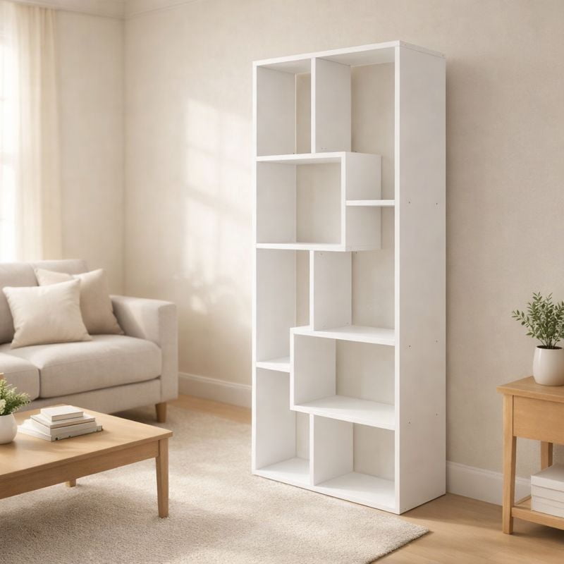Asymmetrical 5-Tier Display Shelf & Bookcase, Tall Geometric Cube Bookcase with Open Shelves, Modern Storage Cabinet for Living Room, Home Office, White