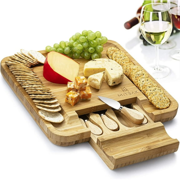 Mitbak Cheese Board Tray with 4 Cheese Knives | Bamboo Charcuterie Board Serving Tray | Cutting Board Platter Great Gift For Mother’s Day, Anniversary, Bridal Shower, Wedding | 13 x 13 x 1 Inches