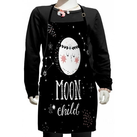 

Space Kids Apron Cartoon Style Galaxy Concept with Charming Moon and Moon Child Lettering Boys Girls Apron Bib with Adjustable Ties for Cooking Baking Painting Pale Pink Black White by Ambesonne