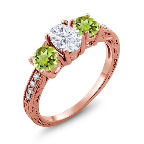 Gem Stone King 18K Rose Gold Plated Silver Green Peridot Ring Set with Moissanite (2.12 Cttw) (Size 7)