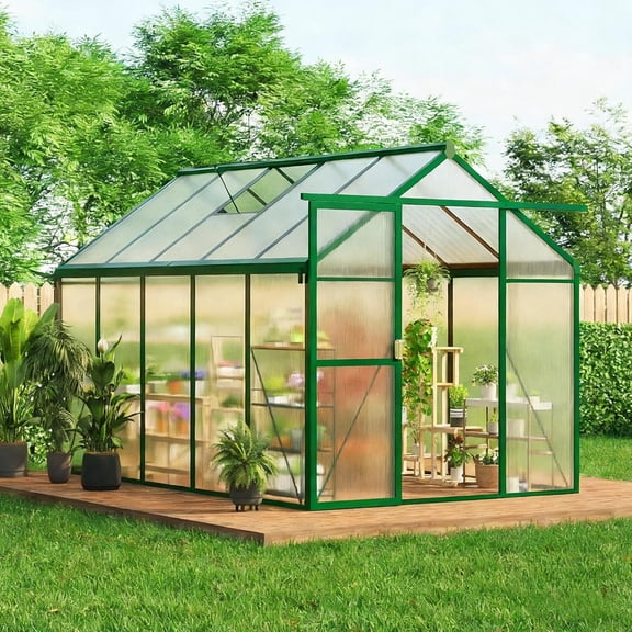 CazToi 6x10 FT Outdoor Walk-in Aluminum Frame Greenhouse with Roof Vent & Polycarbonate Panels & Sliding Door