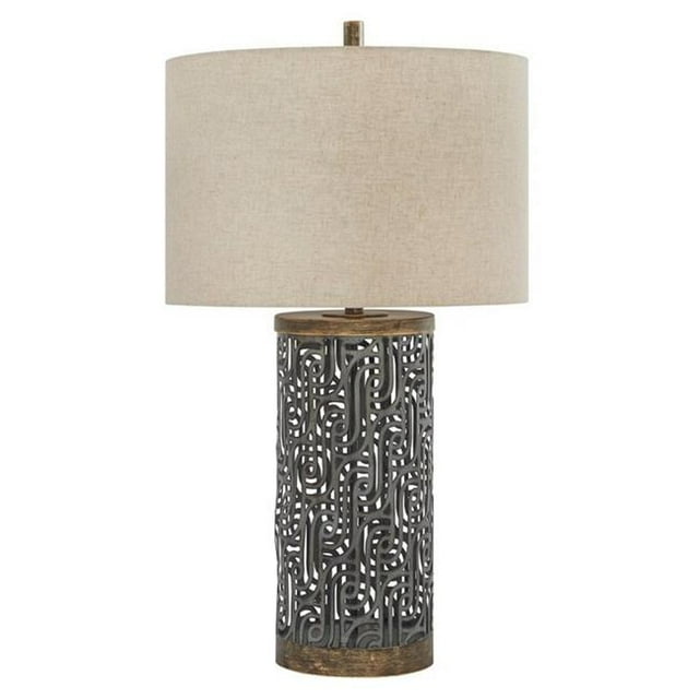 Benjara BM227198 150W Metal Body Table Lamp with Network Design, Gray & Beige