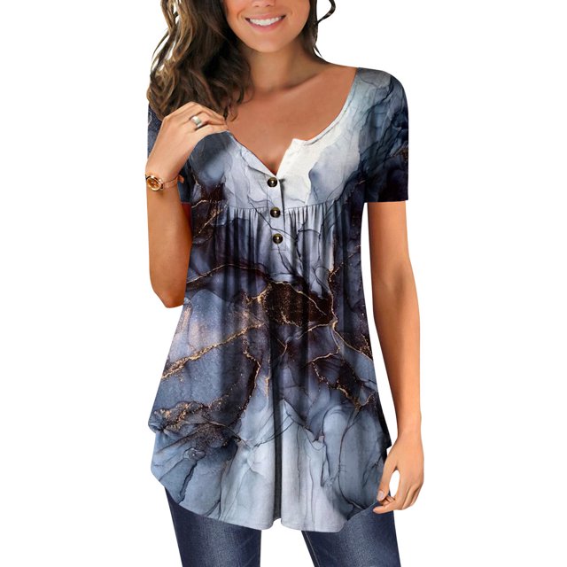 ICHUANYI Clearance Women Fashion Printed Casual V-Neck Short Sleeve Loose T-Shirt Blouse Tops(Black, XL) ICHUANYI WER2023080707005