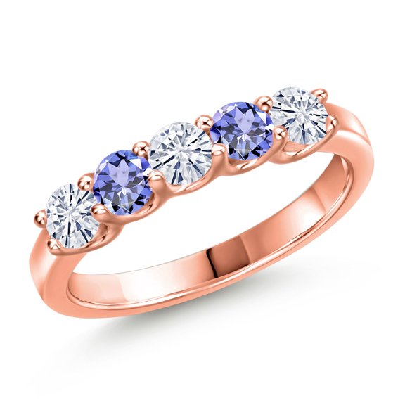 Gem Stone King 18K Rose Gold Plated Silver White Moissanite and Blue Tanzanite Wedding-Bands Ring for Women | 0.84 Cttw | Round 3.5MM | Gemstone Birthstone | Size 5