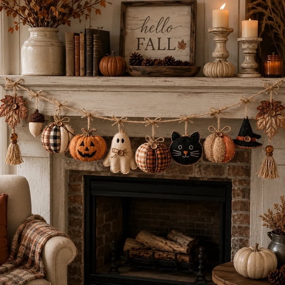 Cozy Fall Fabric Garland with Pumpkins Ghost Black Cat, Farmhouse Autumn Mantel Hanging Decor for Shelf Entryway, 40in