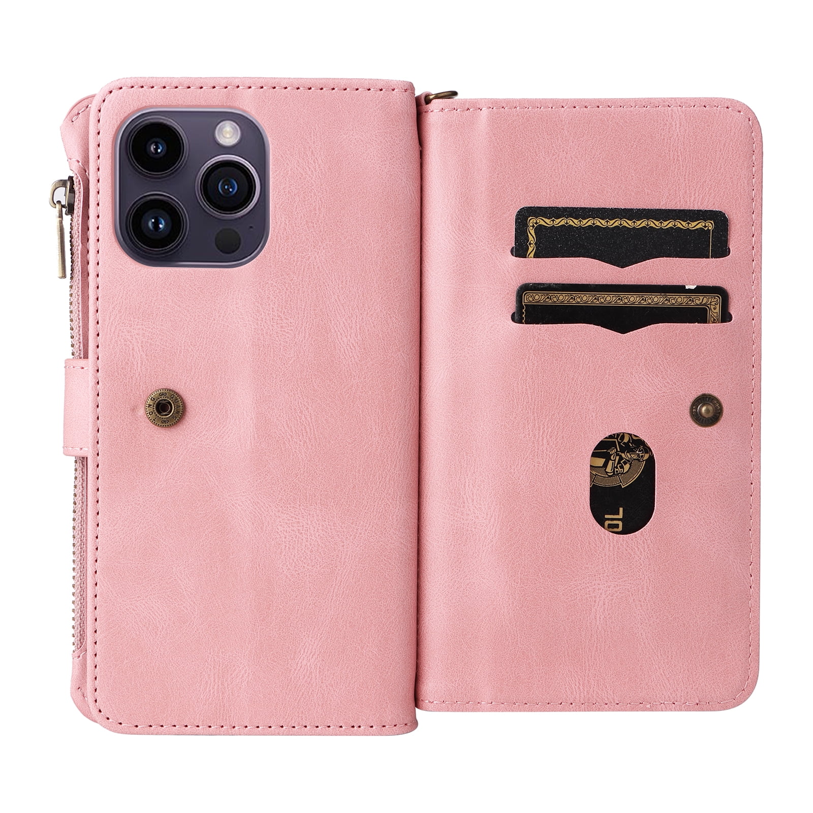 TECH CIRCLE Wallet Case For iPhone 15 Plus,PU Leather Zipper Handbag Purse Flip Cover Kickstand Folio Women Case with Card Slots Holder Wrist Strap for Apple iPhone 15 Plus 6.7" 2023,Pink