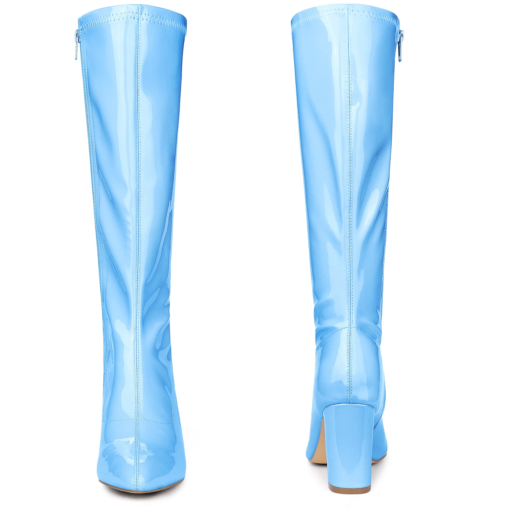 DARING DIVA Women's Go Go Boot Patent Leather Chunky Heels Knee High Boots Sky Blue 7