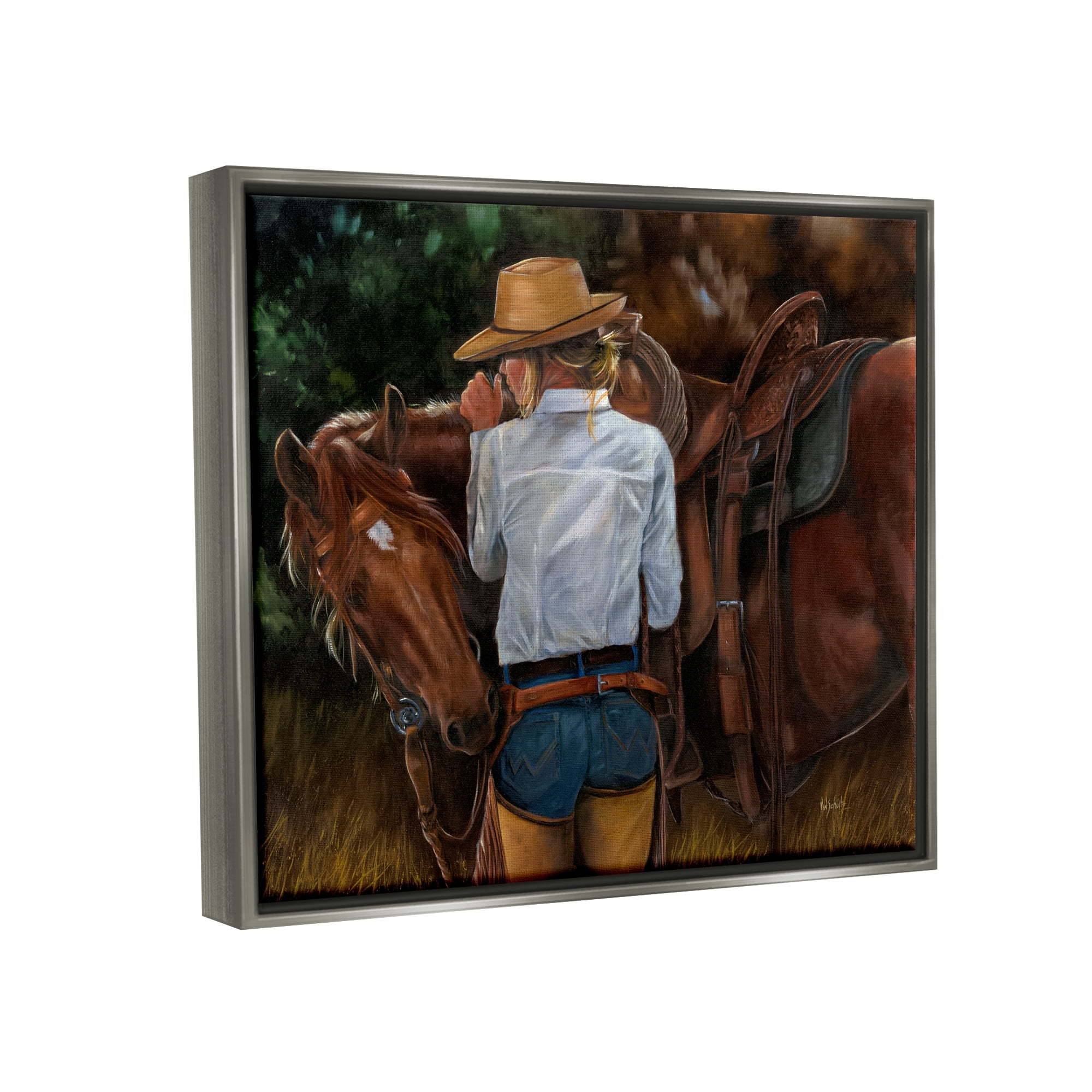 Stupell Industries Cowgirl Tending to Horse Animals & Insects Painting Gray Floater Framed Canvas Art Print Wall Art, 21 x 17