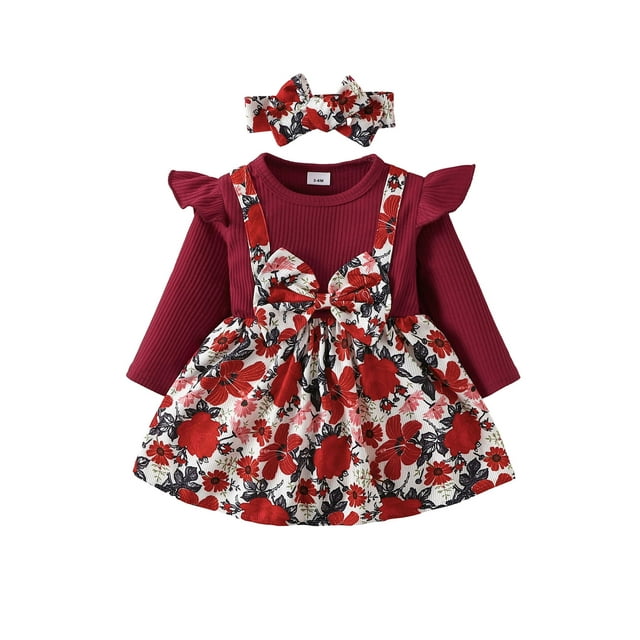 EYIIYE Tenues d'Automne pour Bébé Fille Combinaison à Manches Longues avec Nœud devant Robe Florale Nouveau-Né Col Rond Robe à Bretelles avec Bandeau Ensemble Mignon et Doux