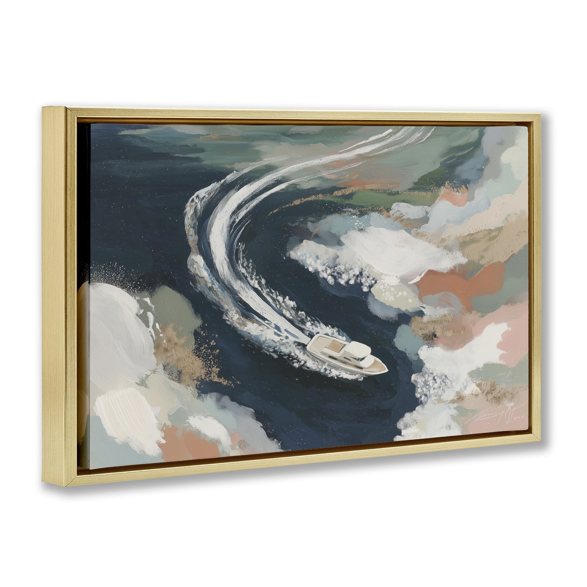 Stupell Industries Boat Wake From Above Gold Framed Floater Canvas Wall Art, design by Chromatic Storm Studio