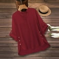thumbnail image 3 of HomeDM Women's 3/4 Sleeve V-Neck T Shirts, Summer Solid Color Loose Fit Button Down Side Split Pullover Tops - Wine/L, 3 of 5