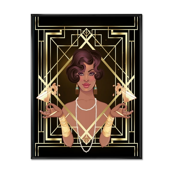 Designart 'Retro Girl In Golden Art Deco Geometrics I' Modern Framed Canvas Wall Art Print