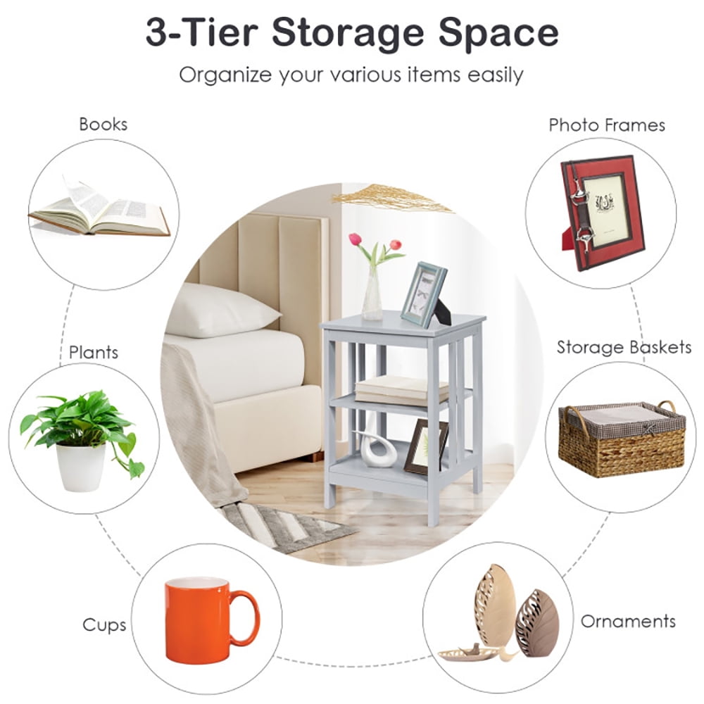 Finihen Side Table, Sofa Side Table, Bed Side Table, 3-Tier Nightstand Sofa Side Table with Baffles and Round Corners, for Living Room, Bedroom, Gray