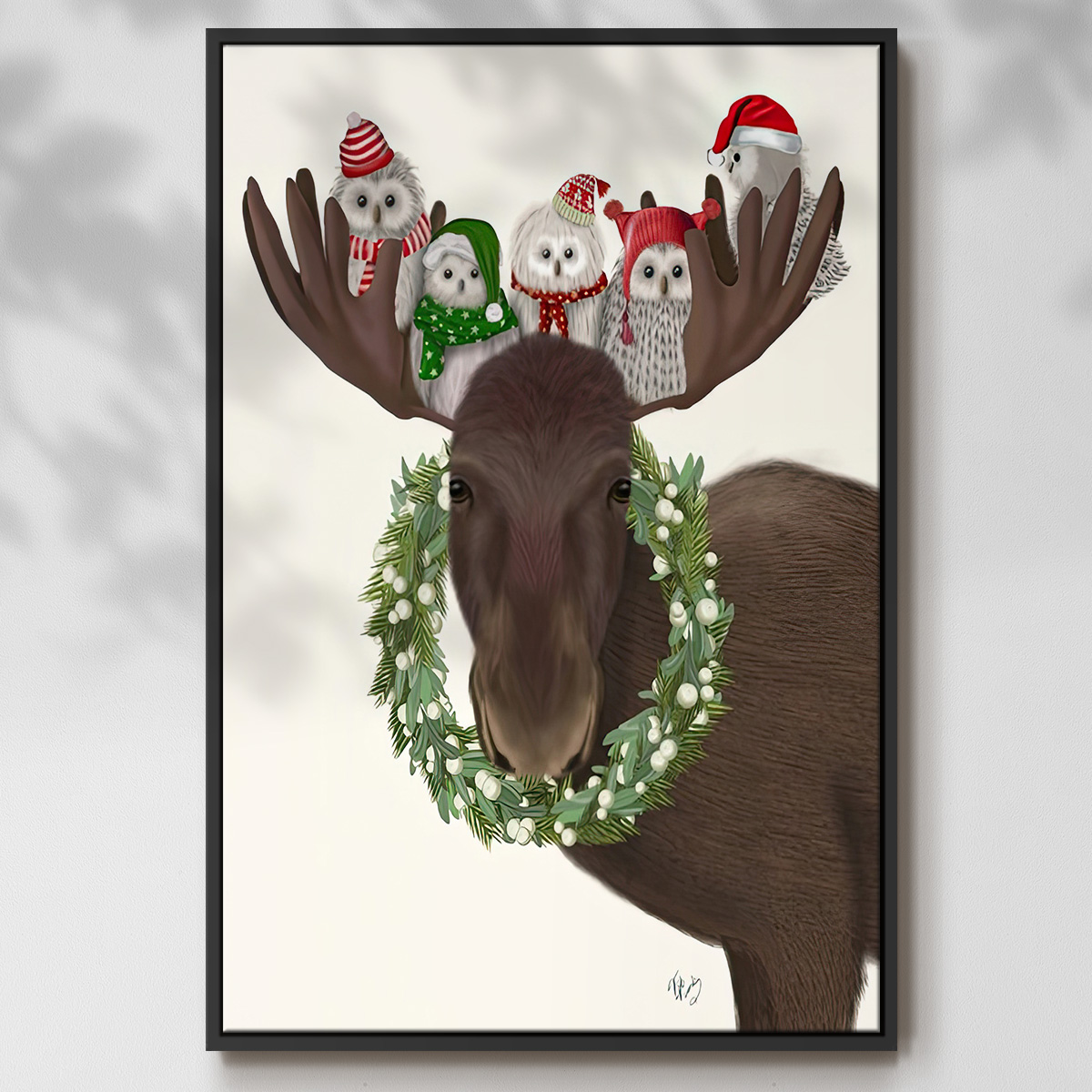 Christmas Moose and Christmas Owls - Framed Gallery Wrapped Holiday Canvas - 25 x 37 - Black Frame
