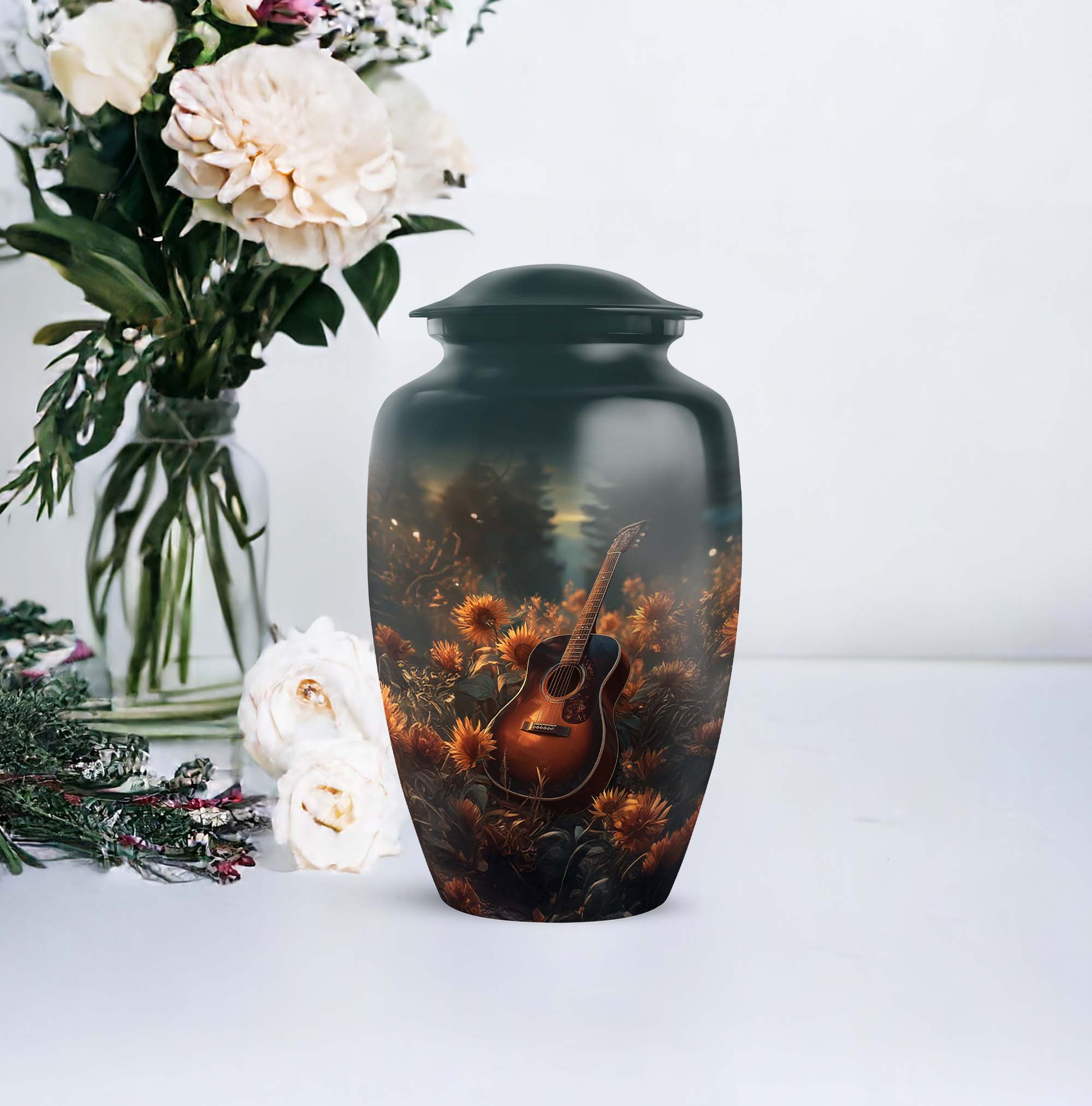 Guitar Funeral Urns For Human Ashes Adult Mom And Dad - Green Cremation Urn For Human Ashes Adult Female And Male - Sunflower Keepsake Urns For Grandmother 10 Inch, 1 Large & Mini Set 4, 3 Inch