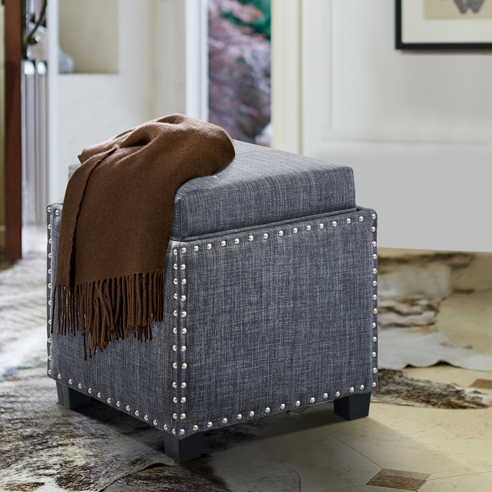 Armen Living Blaze Contemporary Ottoman in Slate Grey Linen with Wood