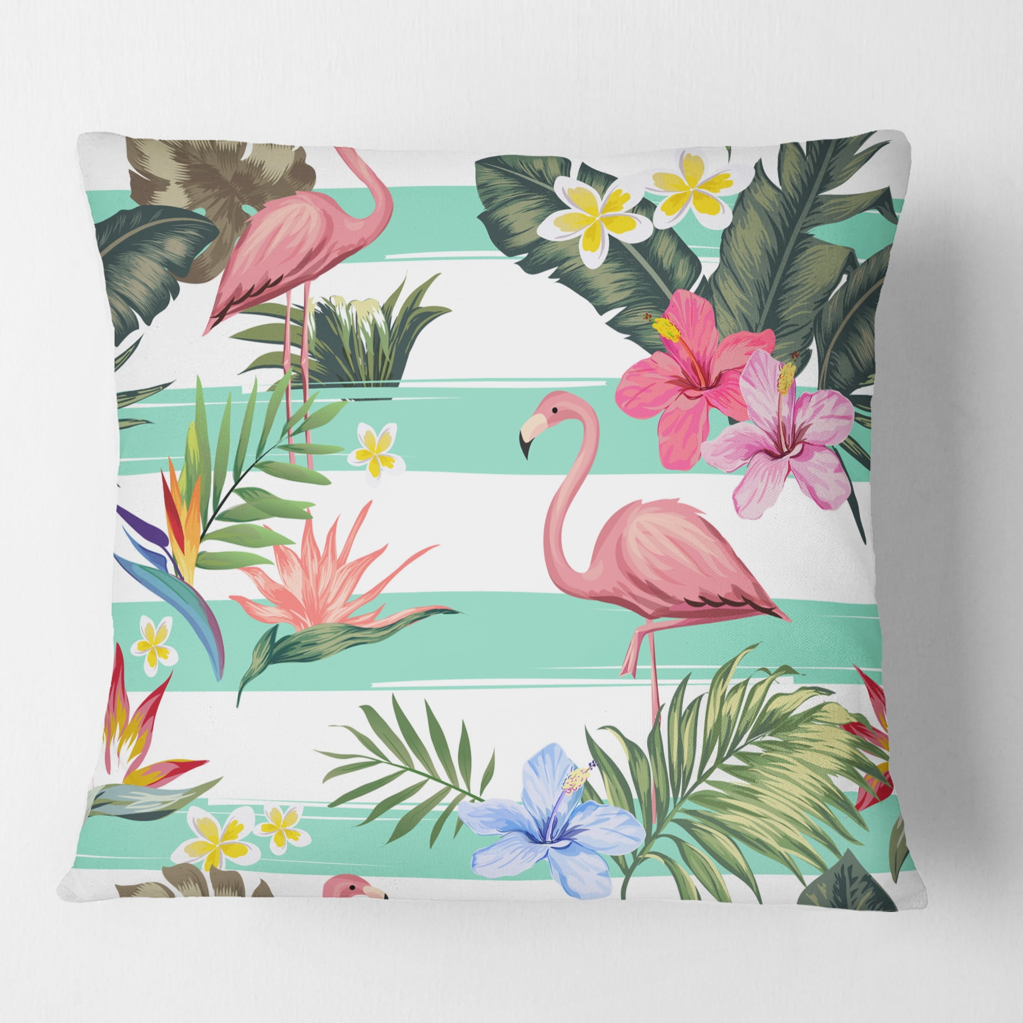 Designart Tropical Botanicals, Flowers And Flamingo' Mid-Century Modern Throw Pillow - 18x18