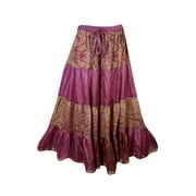 Mogul Womens Maxi Skirt Tiered Pink Printed Vintage Bohemian Style Holiday Long Skirts