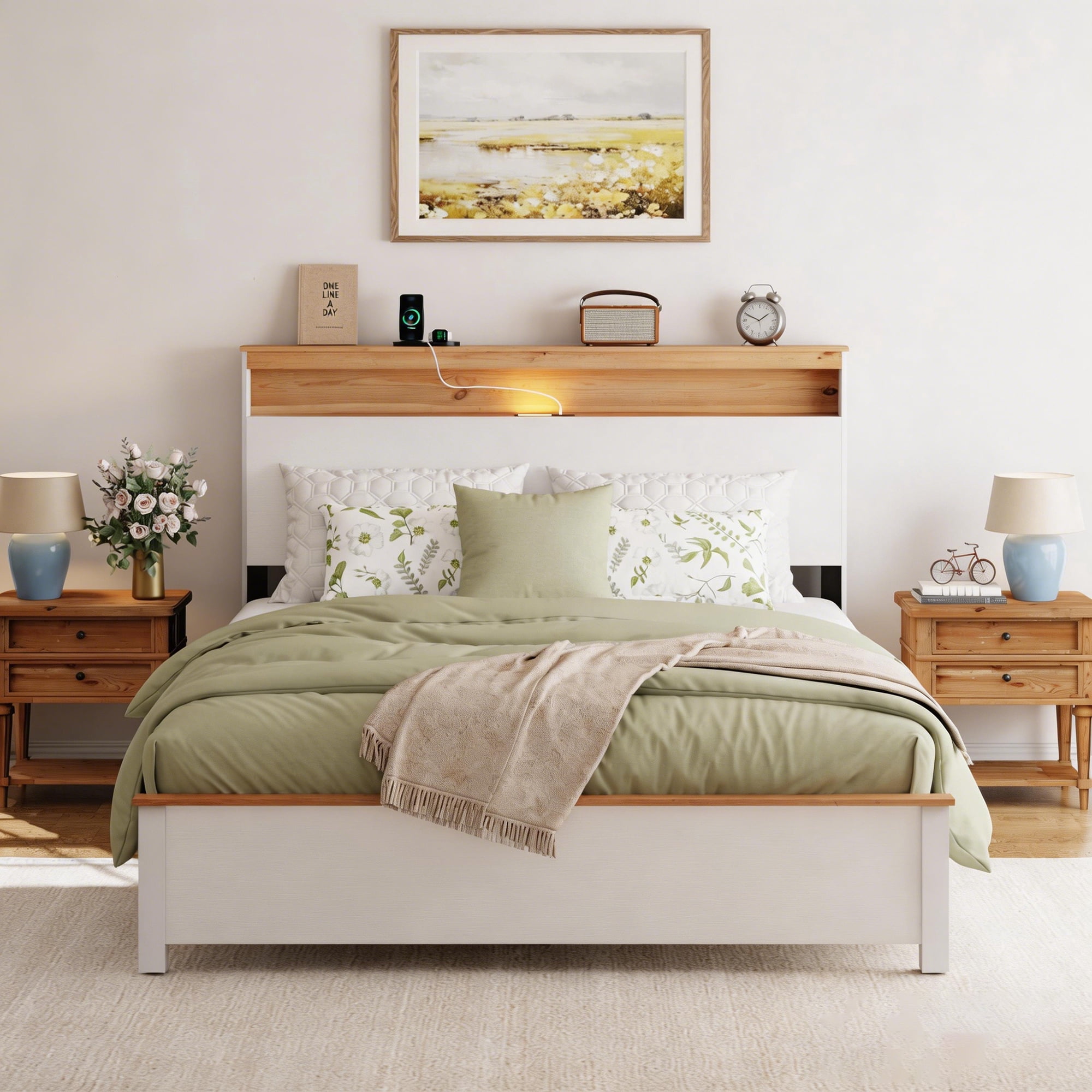Queen Size Farmhouse Bed Frame with Storage Headboard, Wooden Platform Bed with Charging Station & LED Lights, Strong Metal Slats Support, No Box Spring Needed, White Oak Finish