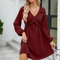 thumbnail image 2 of Elainilye Fashion Vacation Dresses for Women Long Sleeve Solid Color V-Neck Short Skirt Casual Dress,Red, 2 of 6