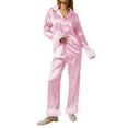 thumbnail image 2 of Women Silk Satin Pajamas Set Button Down Long Sleeve Sleepwear Feather Trim Nightwear Loungewear Pj Set, 2 of 6