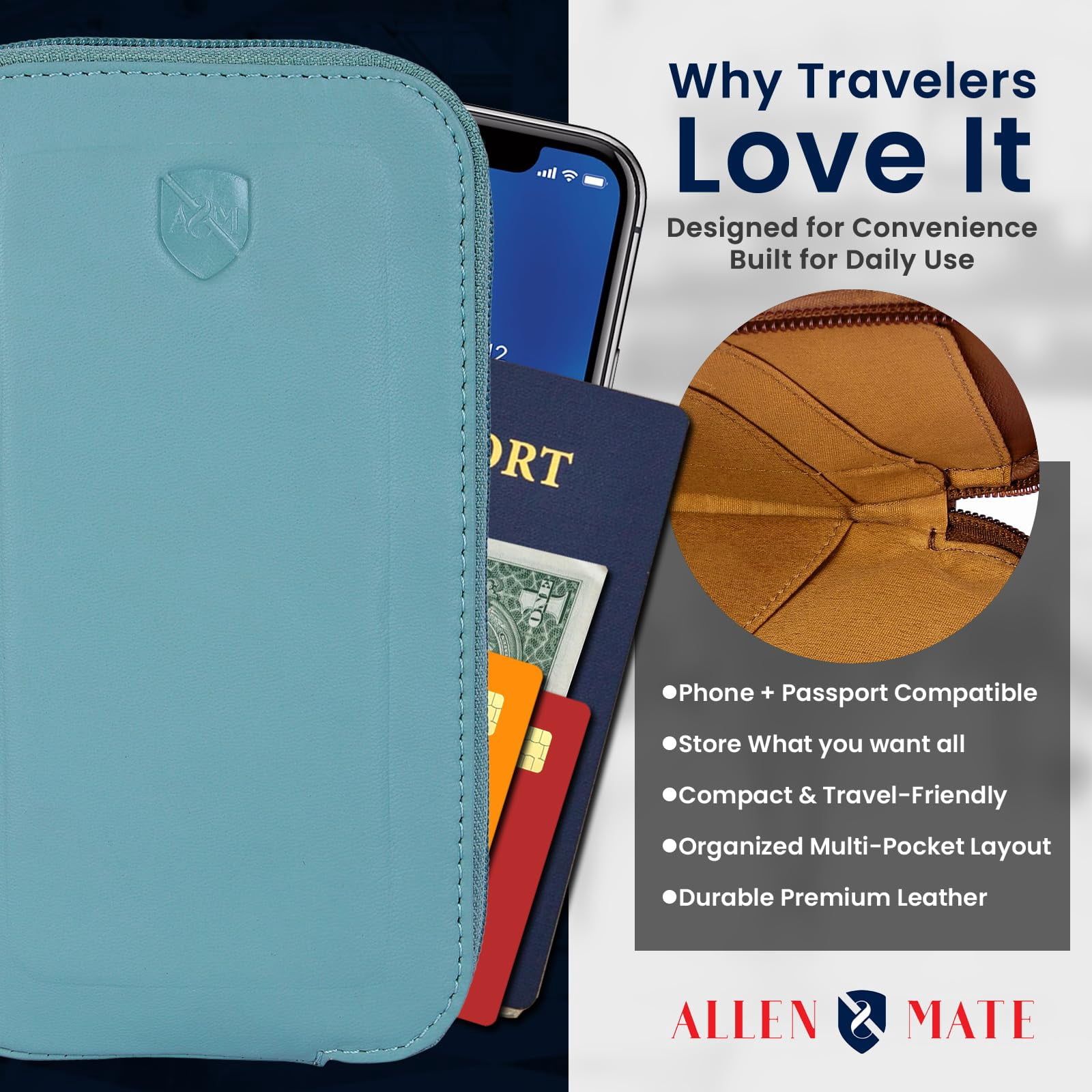 ALLEN & MATE Genuine Leather Phone Pouch Case Sleeve with Zip – Slim Mobile Phone Holder Wallet for Passport ID and Cards Fits iPhone 17 Pro Max, 16, 15 Samsung Galaxy S25 & Android - Lagoon