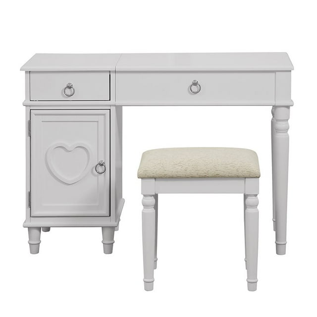 Poundex Meubles en Bois Ensemble de Vanité avec Tabouret et Miroir en Blanc