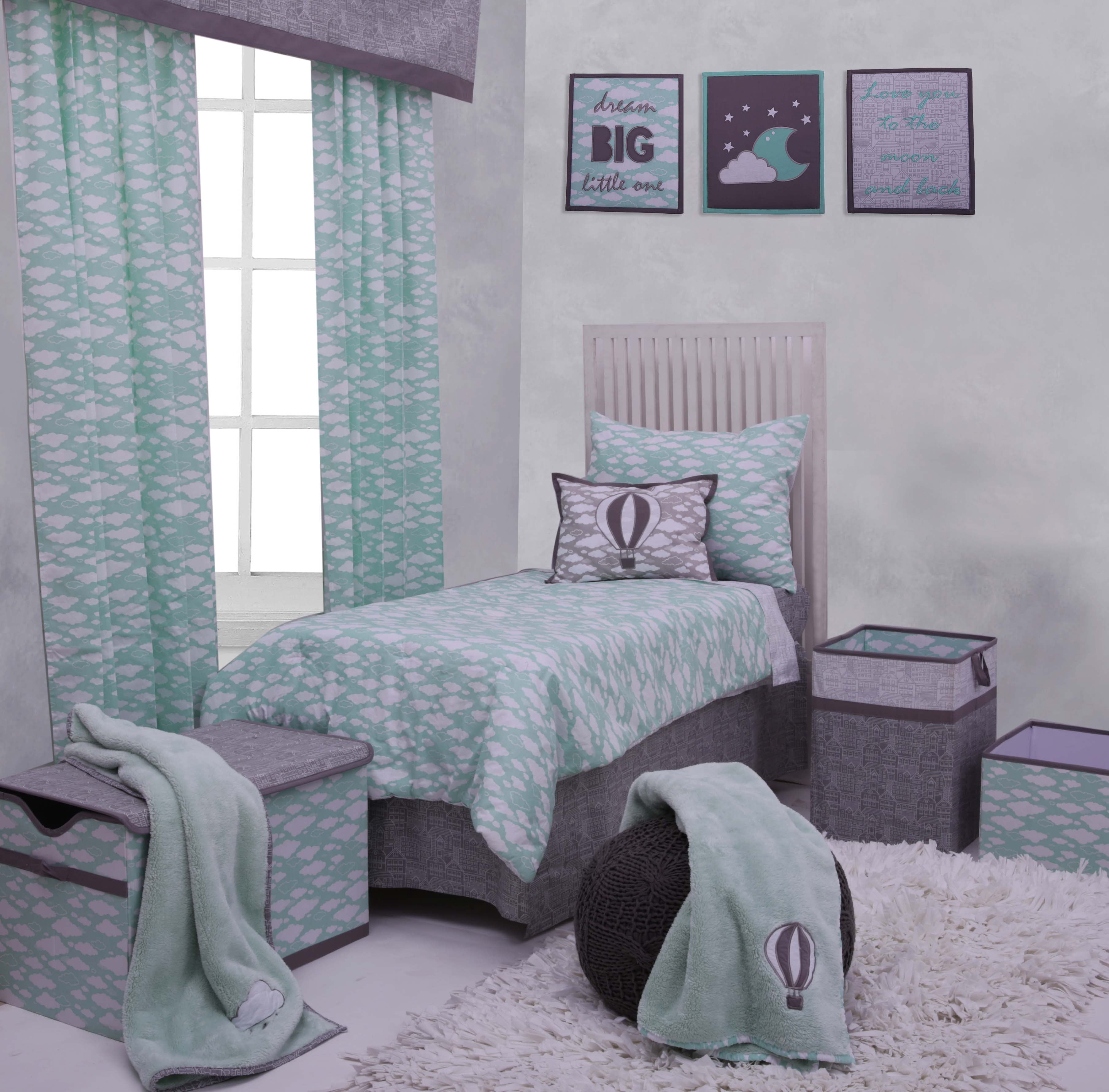Bacati - Clouds in the City Mint//Grey 4 pc Toddler Bedding Set
