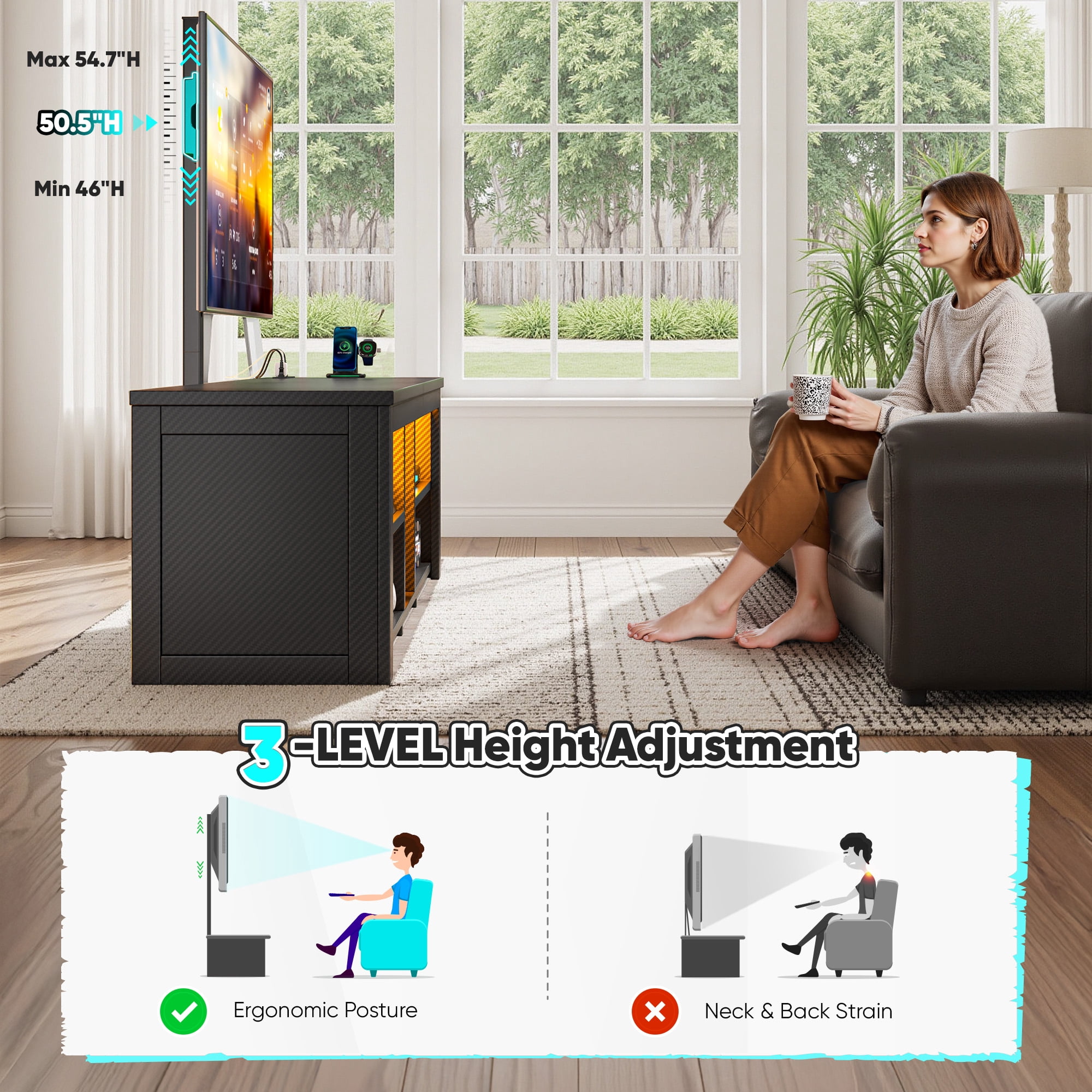 Romorgniz TV Stand with Mount & LED Lights for 70 inch TVs, Swivel Entertainment Center with Power Outlet, Carbon Fiber Black