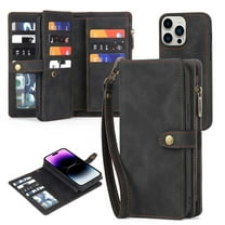 ELEHOLD Multi-Functional Wallet Case for iPhone 14 Pro,with Large Capacity 11 Card Slots Zipper Bag Magnetic Detachable Phone Case Wriststrap Shockproof Luxury Case 6.1" - Black