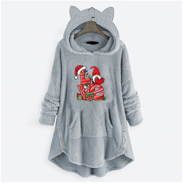 Pntutb Mujer Casual Navidad Impresión Botones De Felpa Manga Larga Con Capucha Abrigo De Felpa Top Rollbacks Pntutb Pntutb-4247