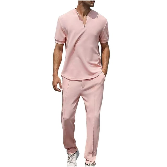 Birdeem Men Sets Shirt and Shorts Mens Leisure Sports Set Short Sleeve Knitting Split Solid Color Two-Piece Round Neck Top Set