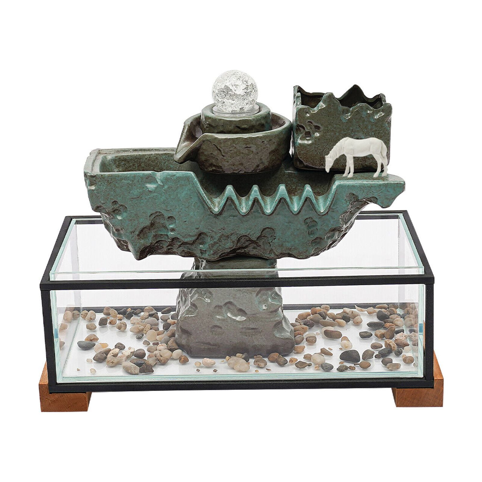 Tabletop Water Fountain, 16x8x5in Glass Fish Tank with LED Lights and Atomizer, Includes Horse Sculpture for Home and Office Decor