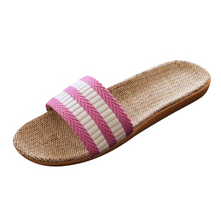 

uikmnh Women Slippers Slippers For Women Female Stripe Bohemia Flax Linen Flip Flops Beach Shoes Sandals Slipper Pink 6.5