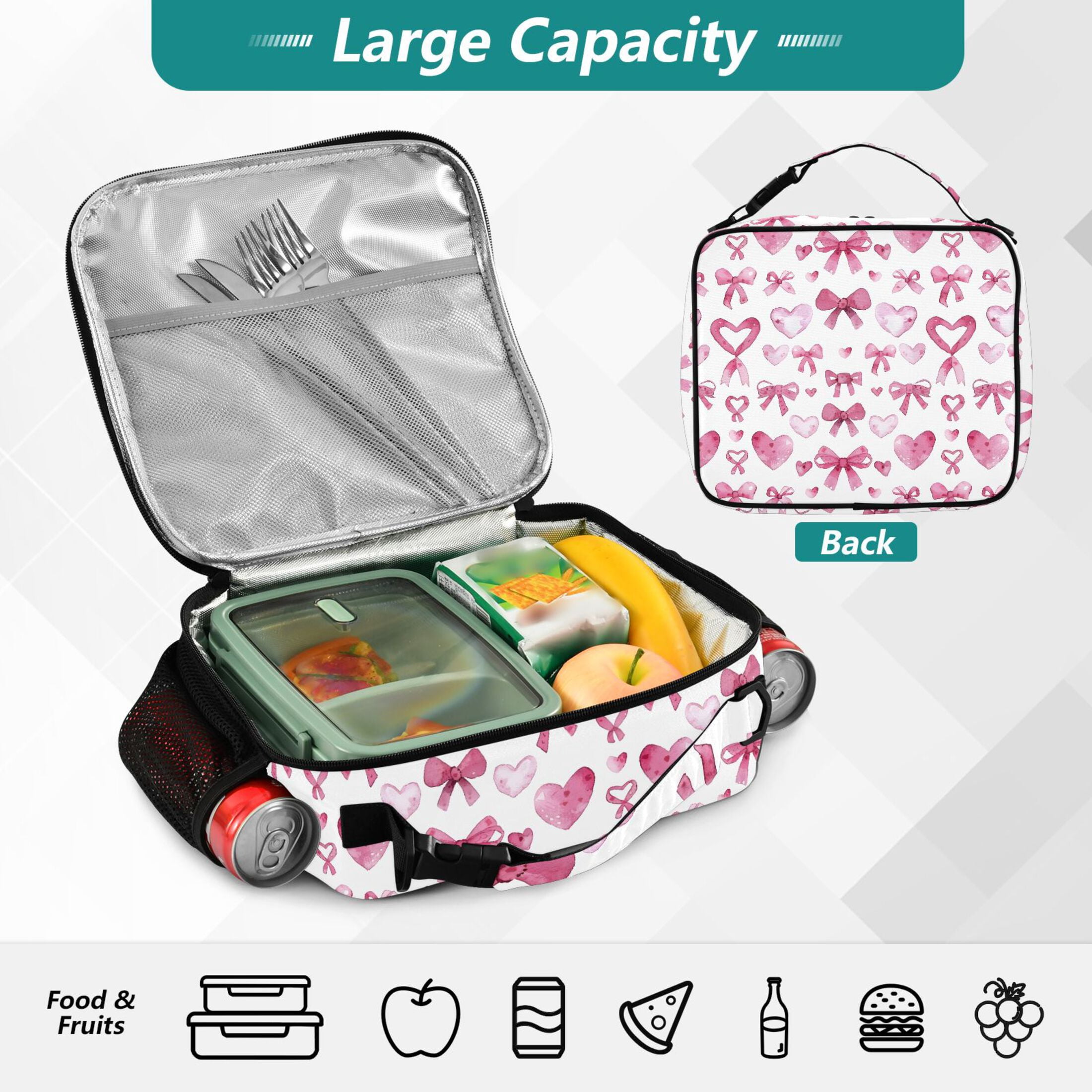 ALAZA Bows and Hearts Lunch Box Insulated Lunch Bag Cooler Tote with Shoulder Strap