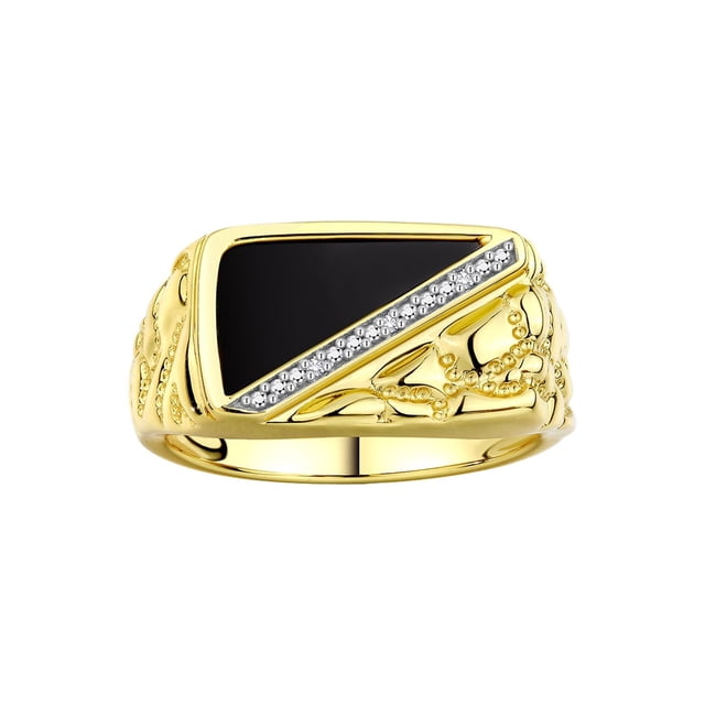 RYLOS Men's Rings Yellow Gold Plated Silver Ring Diamonds and Black Onyx Set in Classic 1/2 Nugget Rings For Men Size 11