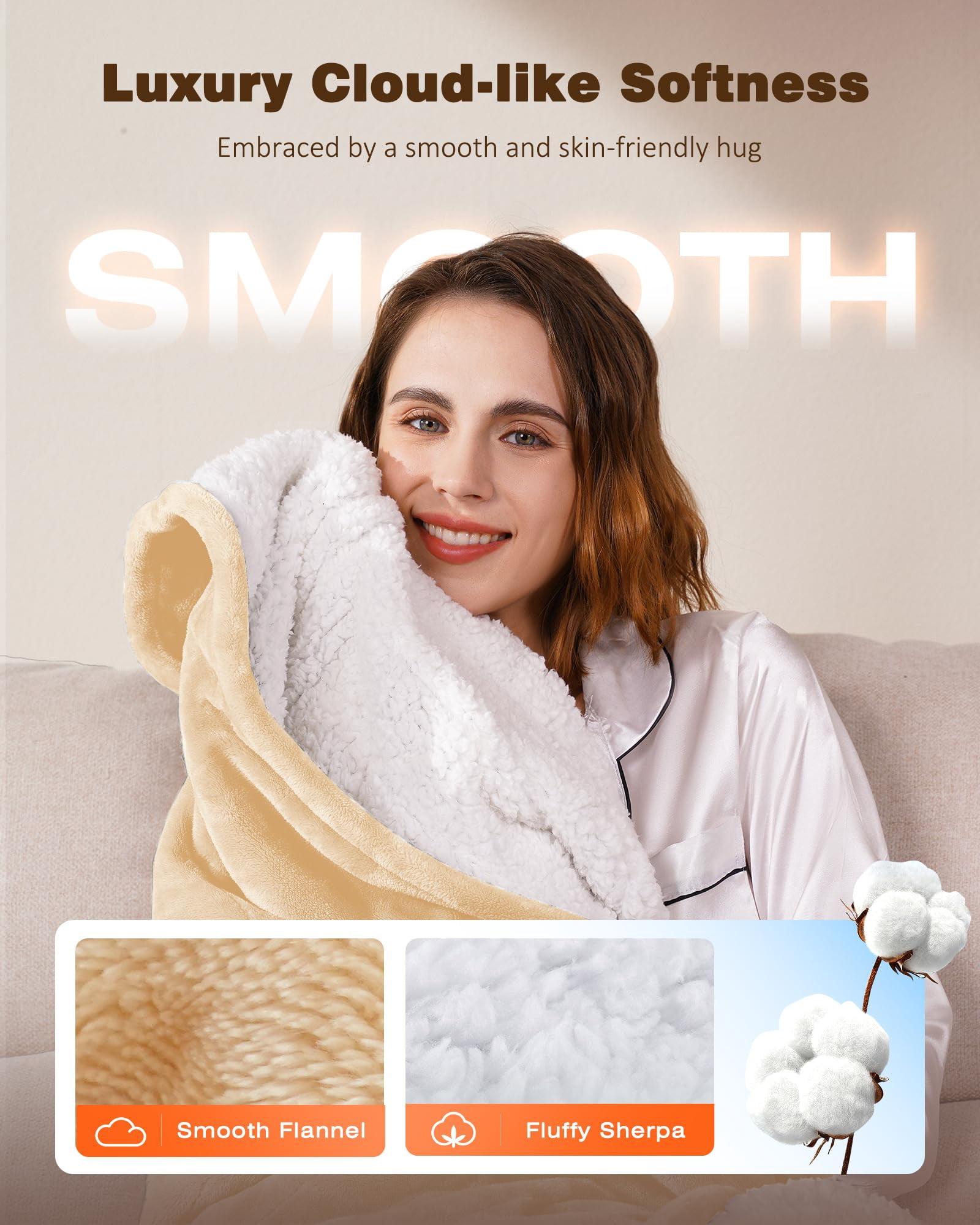 Ocuuziisu Electric Throw Blanket with Pockets and Hood, 50" x 70" Flannel and Sherpa Electric Wrap, 6 Heating Levels, 4-Hour Auto Shut Off, Machine Washable, Beige