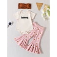 thumbnail image 2 of Bagilaanoe 3pcs Newborn Baby Girl Long Pants Set Letter Print Short Sleeve Romper Tops + Floral Flare Trousers + Headband 6M 12M 18M 24M Infant Casual Outfits, 2 of 9
