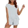 thumbnail image 2 of Gamivast Shorts Sets Women 2 Piece Outfits Striped Crew Neck Tee & Drawstring Pocket Bottoms Summer Lounge Sets Casual Daily Wear Stretchy Pajamas, 2 of 5