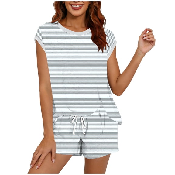 Htigea Womens Lounge Set Striped Sleeveless Shirts Tops and Drawstring Shorts 2 Piece Outfits Summer Casual Homewear Gray S