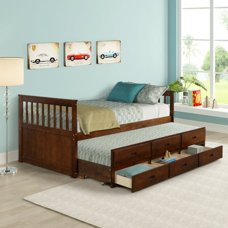 Merax Solid Wood Captain Bed With Trundle And Drawers Twin