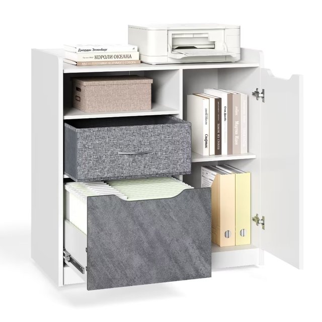 HOMOOI 2-Drawer Mobile Lateral File Cabinet with Door, Filing Cabinets for A4/Letter/Legal Size Hanging File Folders, White Printer Cabinet with Adjustable Storage Shelf on Wheels