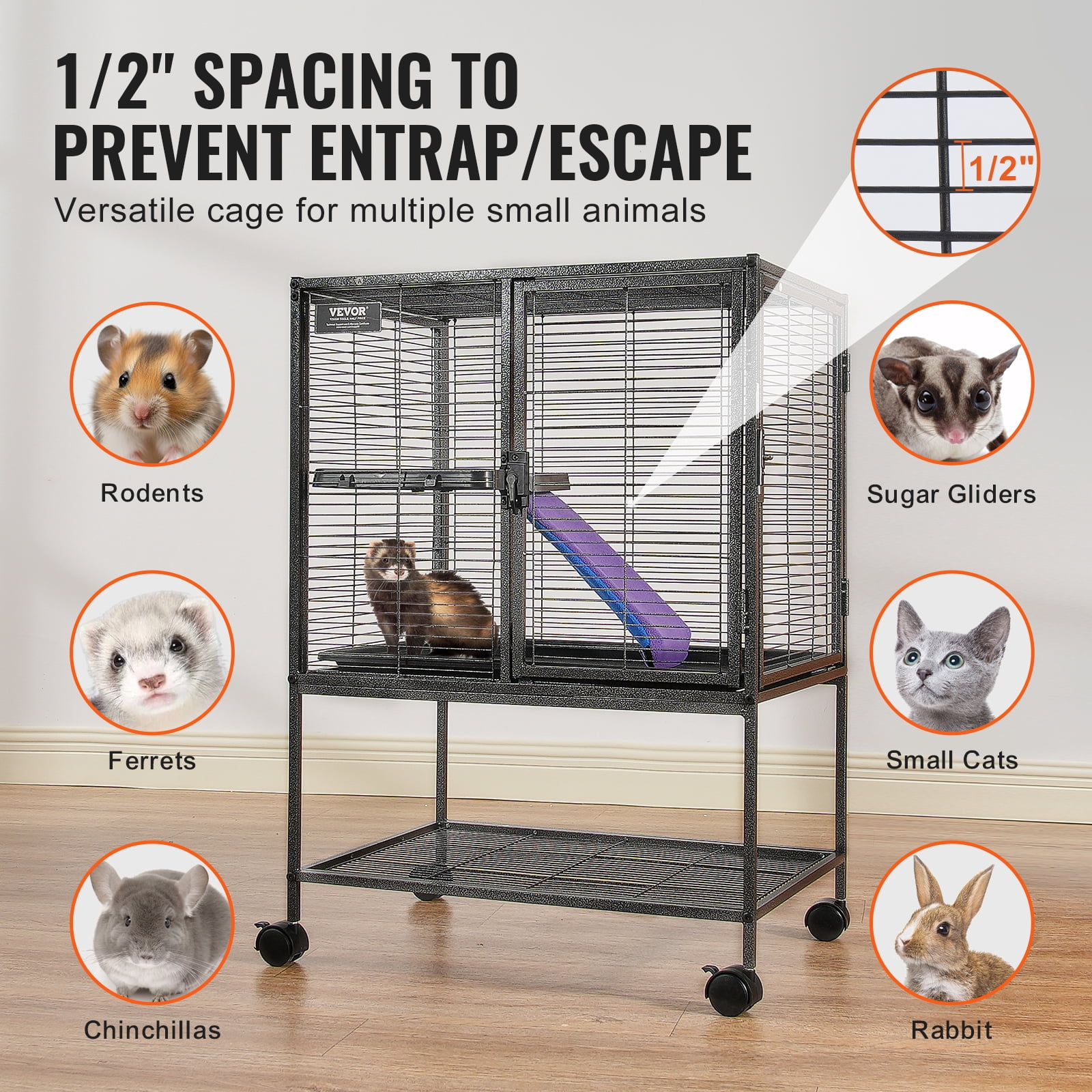 VEVOR 34" Rolling Metal Ferret Cage, Large 2-Tier Small Animal Cage with Ramps & Tray, Easy to Set up for Pet Rats, Hamster, Guinea Pig, Chinchilla, Squirrel, Hedgehogs, Bunny