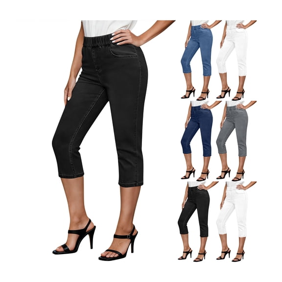 Womens Capri Pants Elastic High Waist Fitted Denim Capris Stretchy Straight Leg Slim Fit Jean Pants with Pockets
