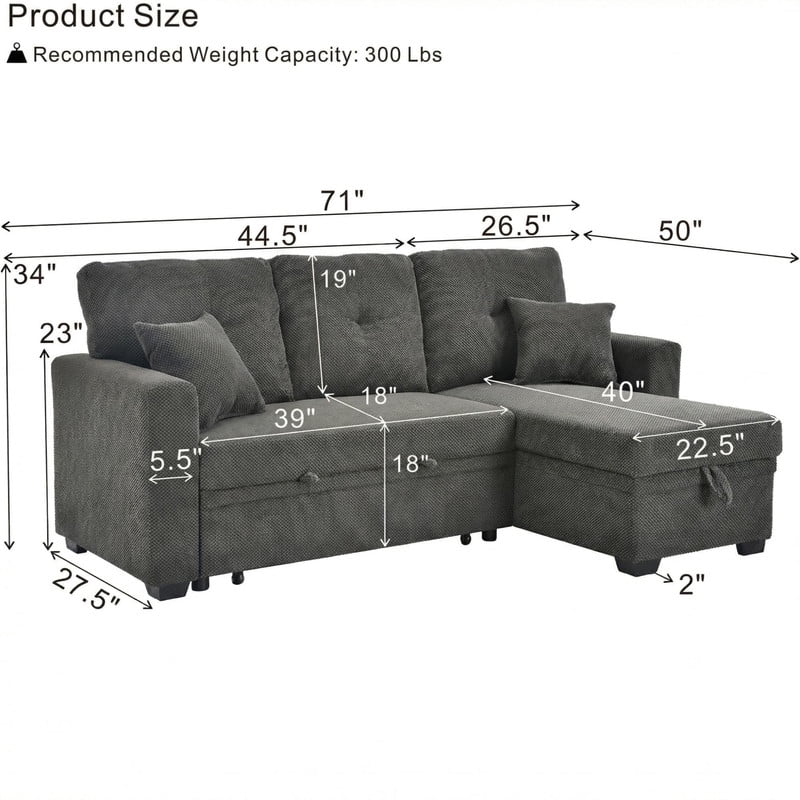 L-Shaped Sectional Sofa with Pull-Out Bed and Reversible Chaise, Convertible Sleeper Sofa Bed Modern Couch Bed for Living Room Apartment