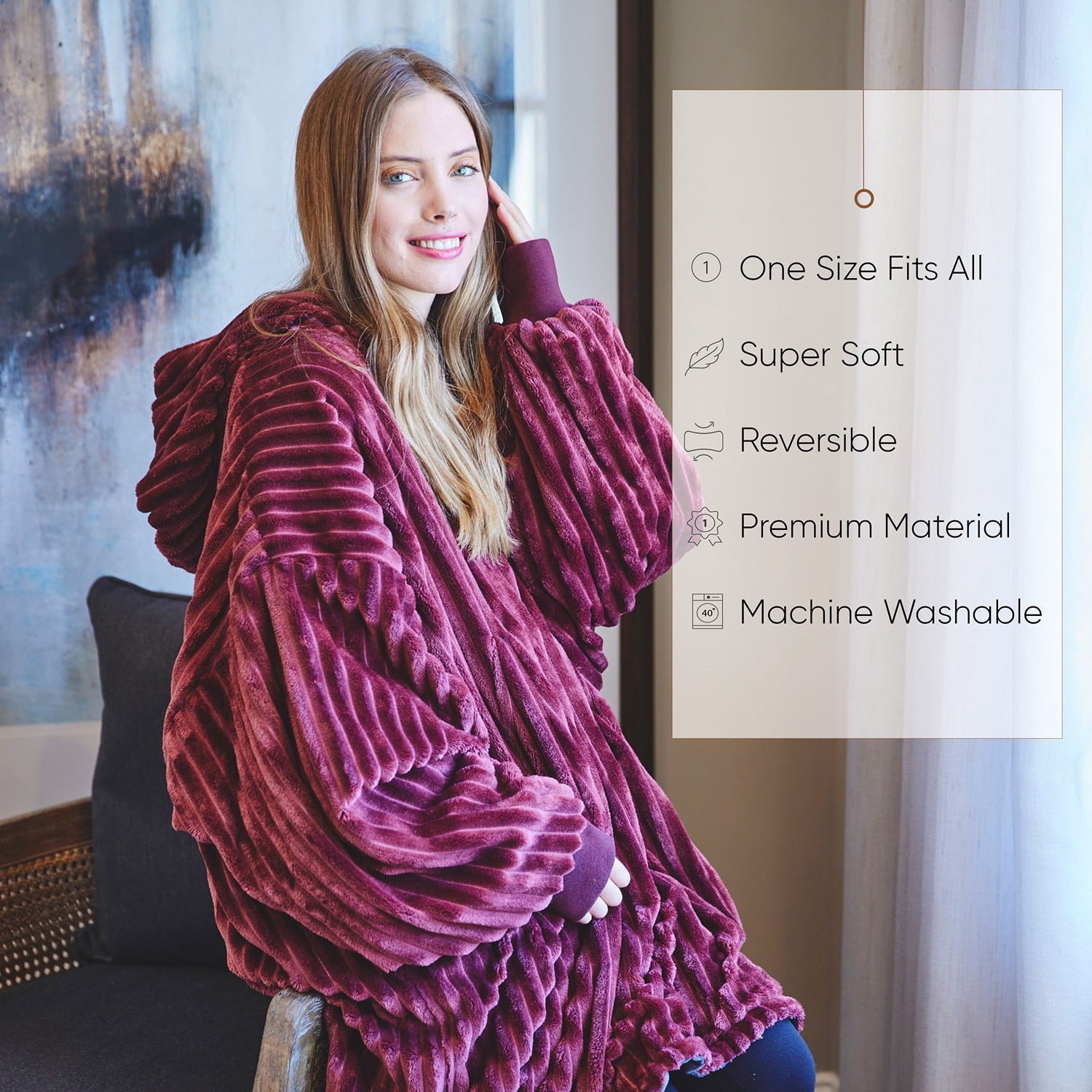 Nestl Wearable Blanket Hoodie, Oversized Hooded Blanket One Size Fits All, Reversible Plush Microfiber, Burgundy/Grey