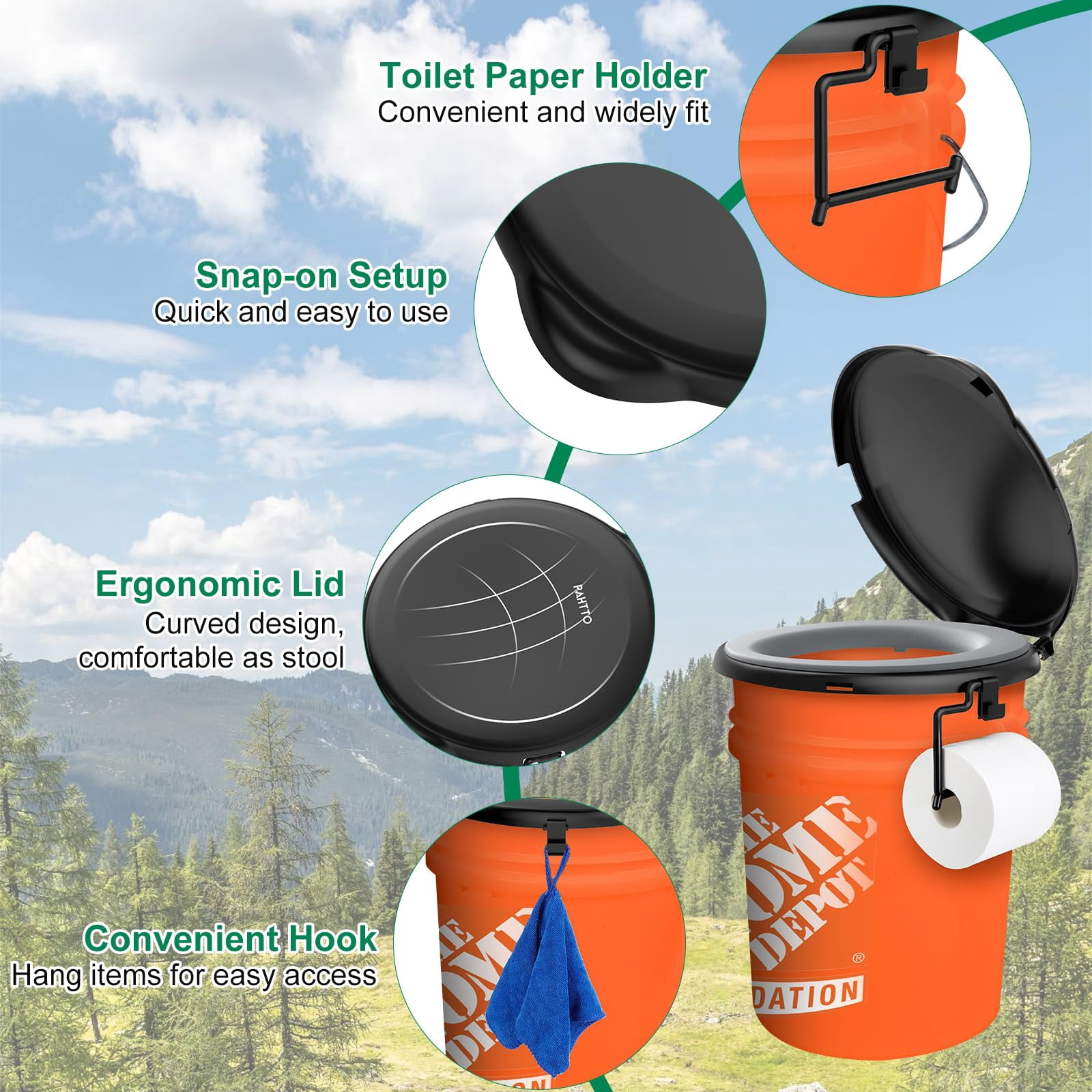WADEO 5 Gal Bucket Toilet Seat with Cushion, Lid, Storage Bags and Disposable Toilet Bags, for Camping, Hiking, Emergency, Car, Boat, RV